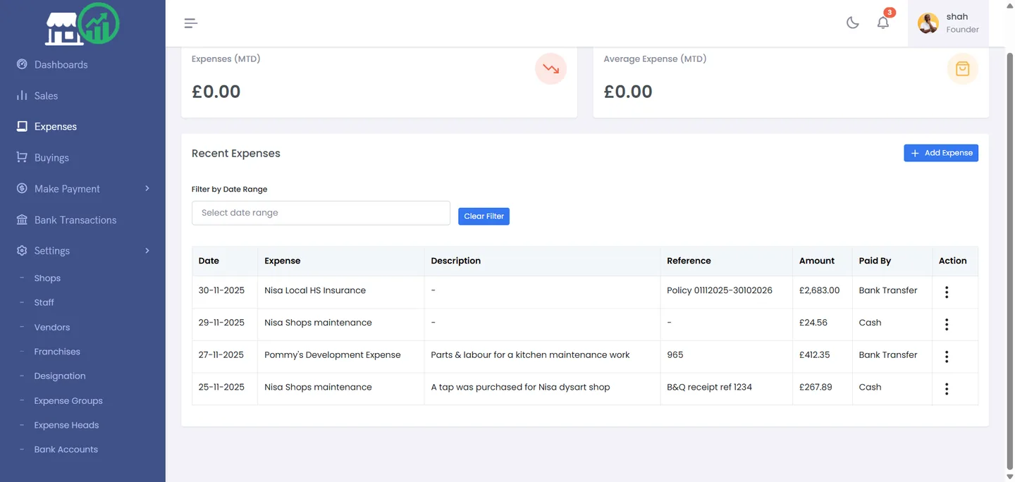 Multi-shop financial SaaS dashboard showing bank transactions